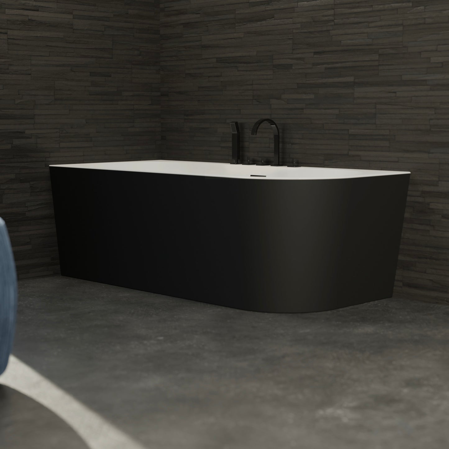 Baignoire semi-îlot gauche noire 170 cm Capri avec robinetterie noire mate / Corner half-freestanding bath left 170 cm Capri with matt black fittings / Bañera semi-exenta mural izquierda 170 cm Capri con grifería negro mate / Vasca freestanding a parete sinistra 170 cm Capri con rubinetteria nera opaca / Half vrijstaand bad links 170 cm Capri met matzwart fittingen 