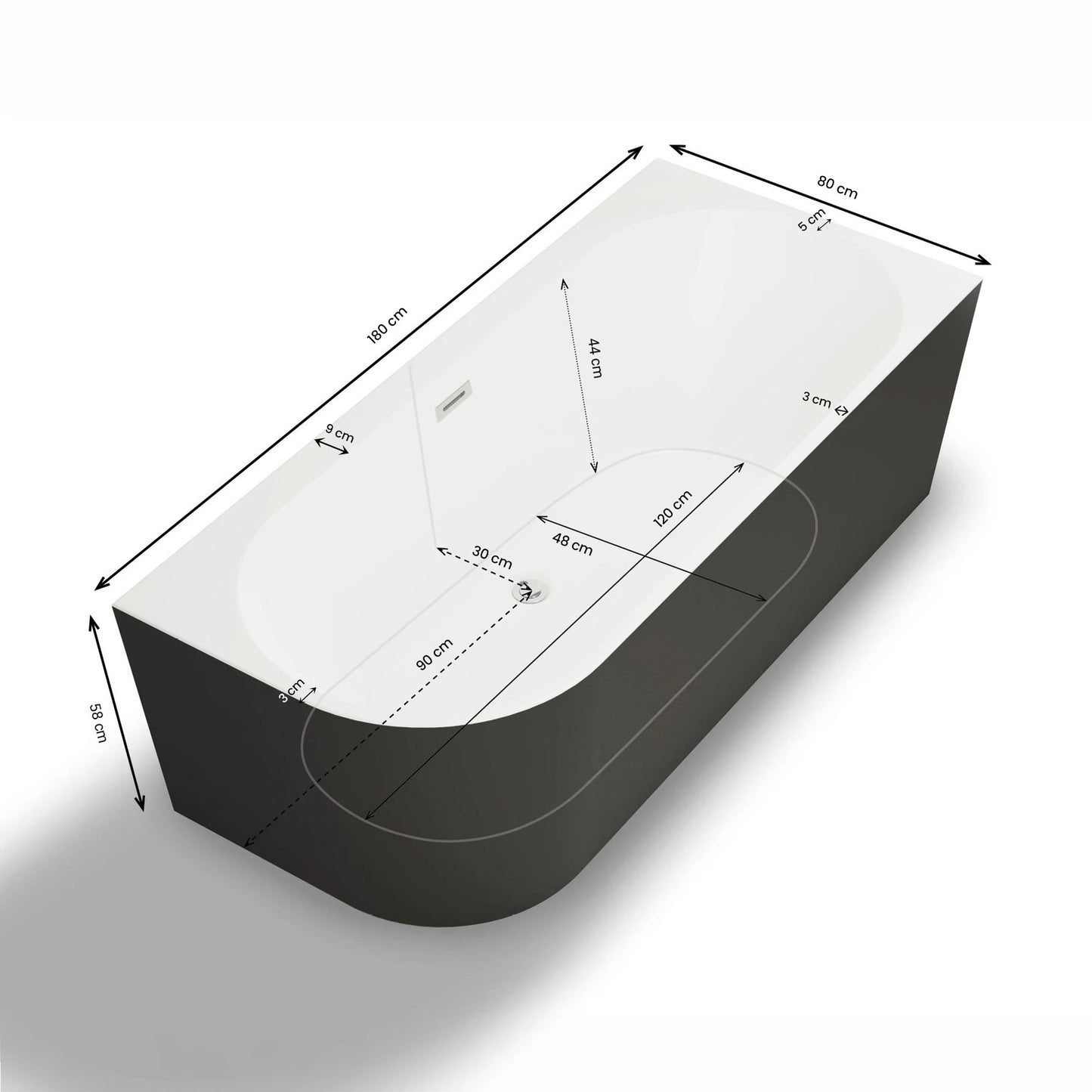 Baignoire semi-îlot murale d’angle Capri 180 cm noire Spalina version droite – vue produit