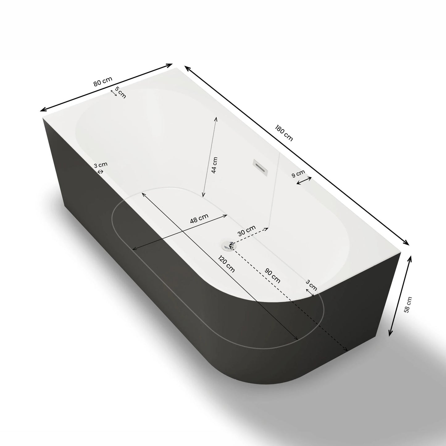 Baignoire semi-îlot murale d’angle Capri 180 cm noire Spalina version gauche – vue produit