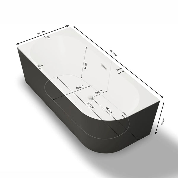 Baignoire semi-îlot murale d’angle Capri 180 cm noire Spalina version gauche – vue produit