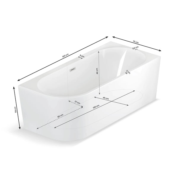 Plan 3D baignoire semi-îlot murale d’angle Capri 160 cm Spalina version droite