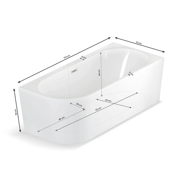 Plan 3D baignoire semi-îlot murale d’angle Capri 170 cm Spalina version droite