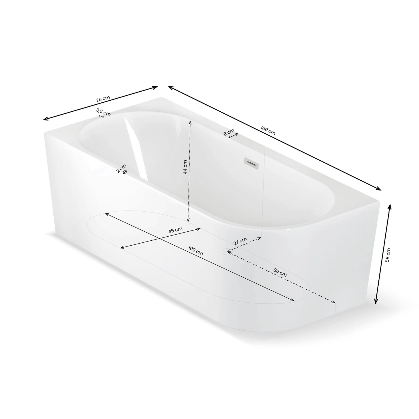 Plan 3D baignoire semi-îlot murale d’angle Capri 160 cm Spalina version gauche