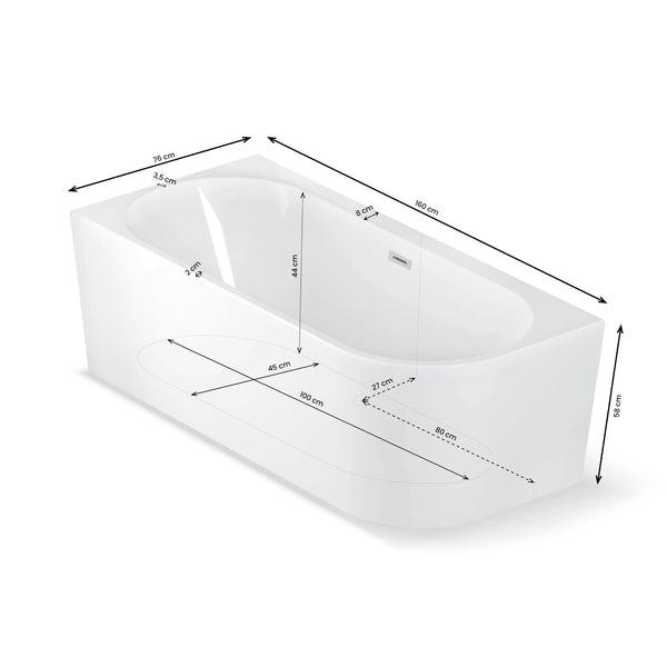 Plan 3D baignoire semi-îlot murale d’angle Capri 160 cm Spalina version gauche