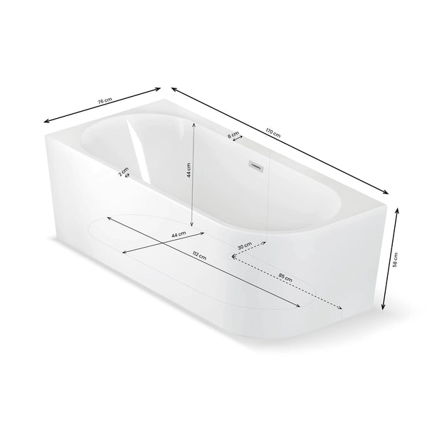 Plan 3D baignoire semi-îlot murale d’angle Capri 170 cm Spalina version gauche