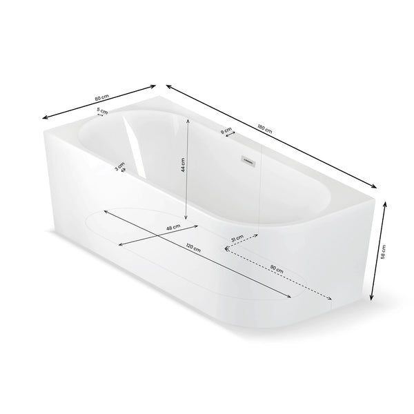 Plan 3D baignoire semi-îlot murale d’angle Capri 180 cm Spalina version gauche