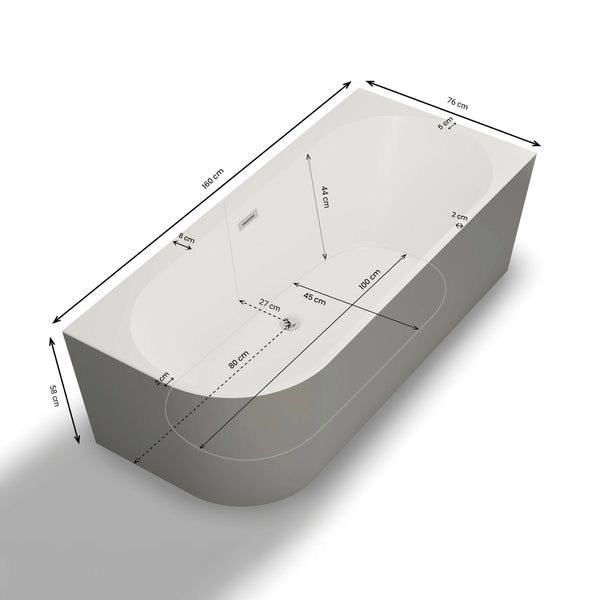 Baignoire semi-îlot murale d’angle Capri 160 cm grise Spalina version droite – vue produit