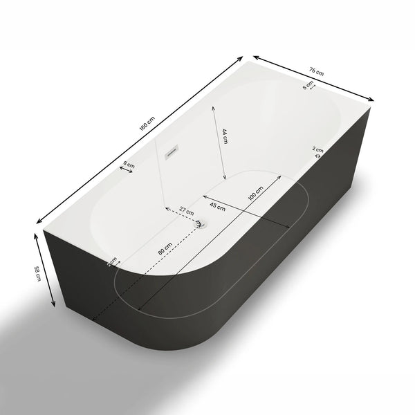 Baignoire semi-îlot murale d’angle Capri 160 cm noire Spalina version droite – vue produit