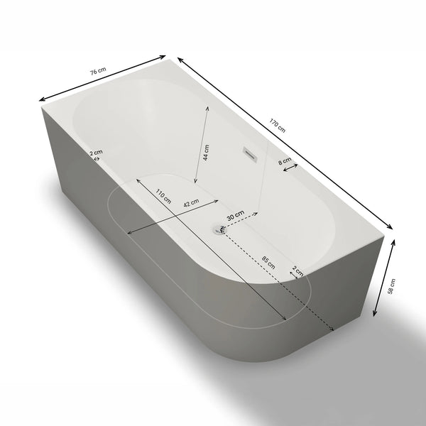 Baignoire semi-îlot murale d’angle Capri 170 cm grise Spalina version gauche – vue produit