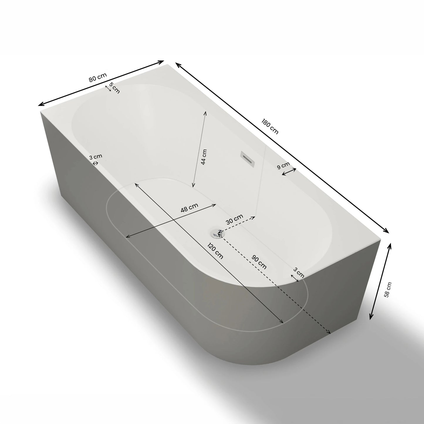 Baignoire semi-îlot murale d’angle Capri 180 cm grise Spalina version gauche – vue produit