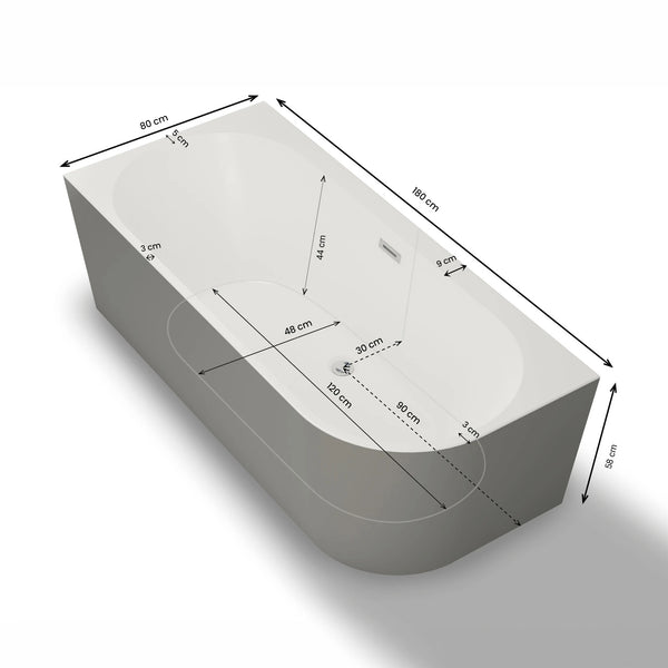 Baignoire semi-îlot murale d’angle Capri 180 cm grise Spalina version gauche – vue produit