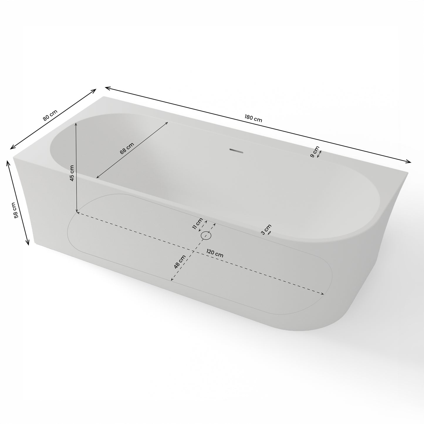 Baignoire semi-îlot murale d’angle Cosmic 180 cm blanche Spalina version gauche – vue produit