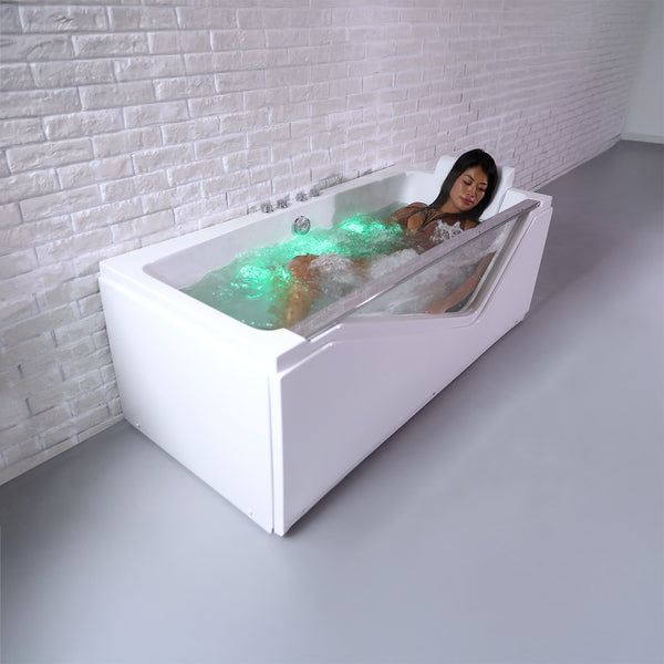 Baignoire balnéo semi-îlot avec hublot blanche 170 cm Indra Wave / Glass-sided whirlpool bathtub white 170 cm Indra Wave / Bañera de hidromasaje con ojo de buey blanco 170 cm Indra Wave / Vasca idromassaggio con oblò bianco 170 cm Indra Wave / Bubbelbad met patrijspoort wit 170 cm Indra Wave