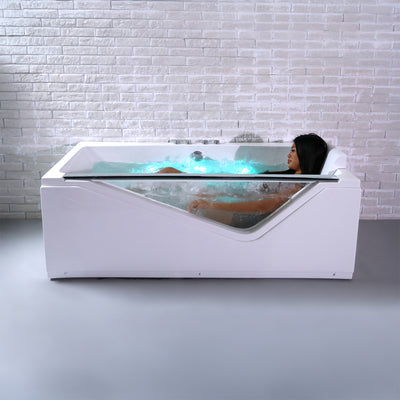 Baignoire balnéo semi-îlot avec hublot blanche 170 cm Indra Wave / Glass-sided whirlpool bathtub white 170 cm Indra Wave / Bañera de hidromasaje con ojo de buey blanco 170 cm Indra Wave / Vasca idromassaggio con oblò bianco 170 cm Indra Wave / Bubbelbad met patrijspoort wit 170 cm Indra Wave