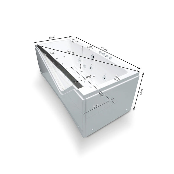 Baignoire balnéo semi-îlot avec hublot blanche 170 cm Indra Wave / Glass-sided whirlpool bathtub white 170 cm Indra Wave / Bañera de hidromasaje con ojo de buey blanco 170 cm Indra Wave / Vasca idromassaggio con oblò bianco 170 cm Indra Wave / Bubbelbad met patrijspoort wit 170 cm Indra Wave