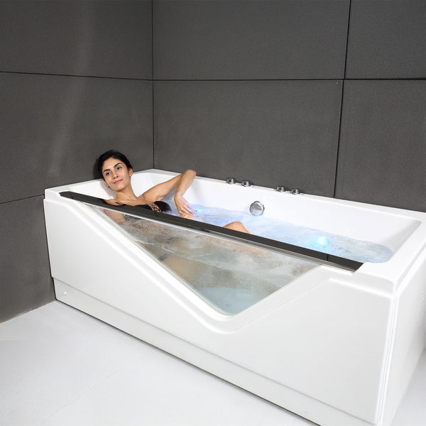 Baignoire balnéo semi-îlot avec hublot blanche 170 cm Indra Wave / Glass-sided whirlpool bathtub white 170 cm Indra Wave / Bañera de hidromasaje con ojo de buey blanco 170 cm Indra Wave / Vasca idromassaggio con oblò bianco 170 cm Indra Wave / Bubbelbad met patrijspoort wit 170 cm Indra Wave