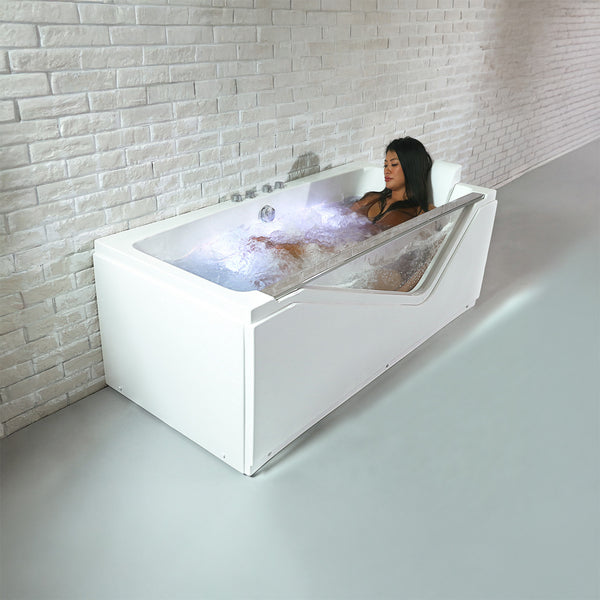 Baignoire balnéo semi-îlot avec hublot blanche 170 cm Indra Wave / Glass-sided whirlpool bathtub white 170 cm Indra Wave / Bañera de hidromasaje con ojo de buey blanco 170 cm Indra Wave / Vasca idromassaggio con oblò bianco 170 cm Indra Wave / Bubbelbad met patrijspoort wit 170 cm Indra Wave
