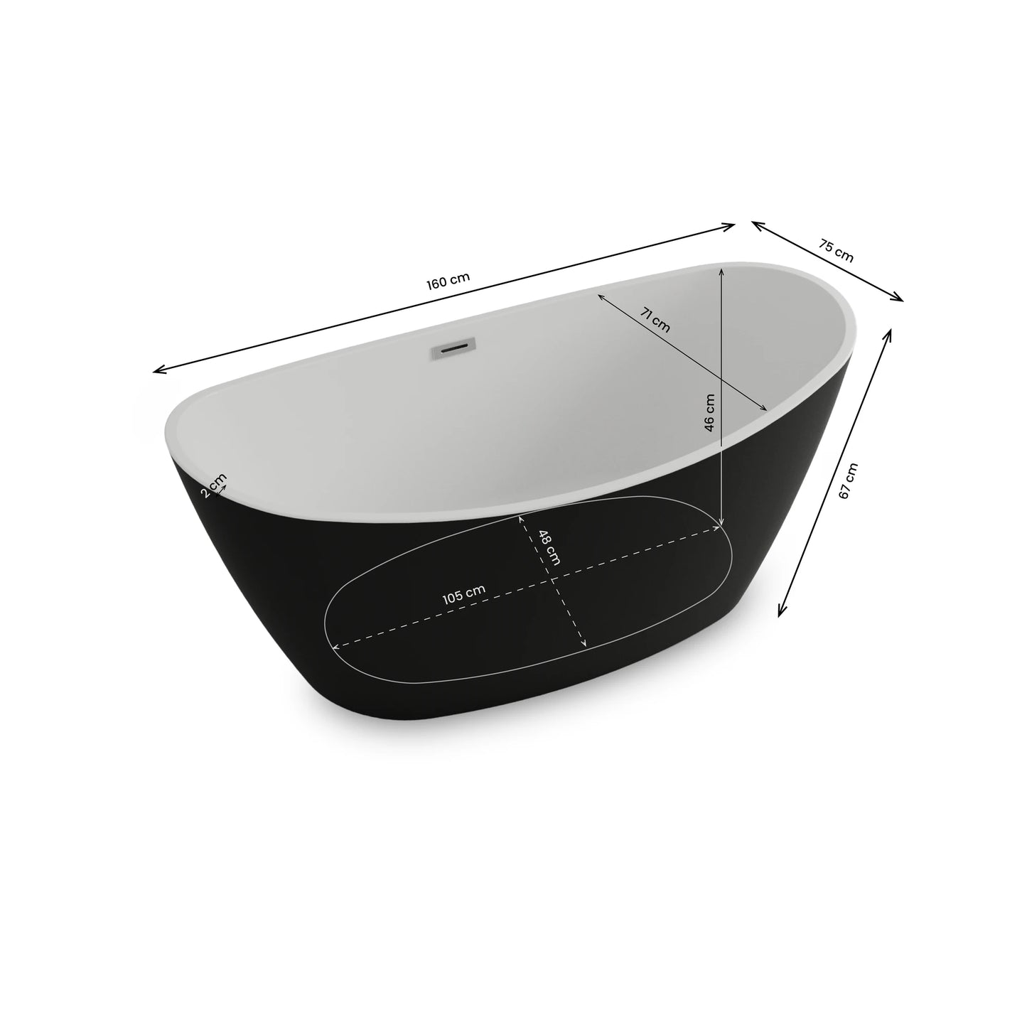 Baignoire îlot ovale Neroon 160 cm noire Spalina – vue produit