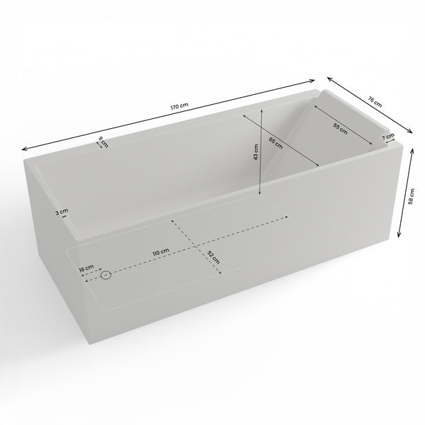 Baignoire semi-îlot murale d’angle Quantum 170 cm blanche Spalina version droite – vue produit