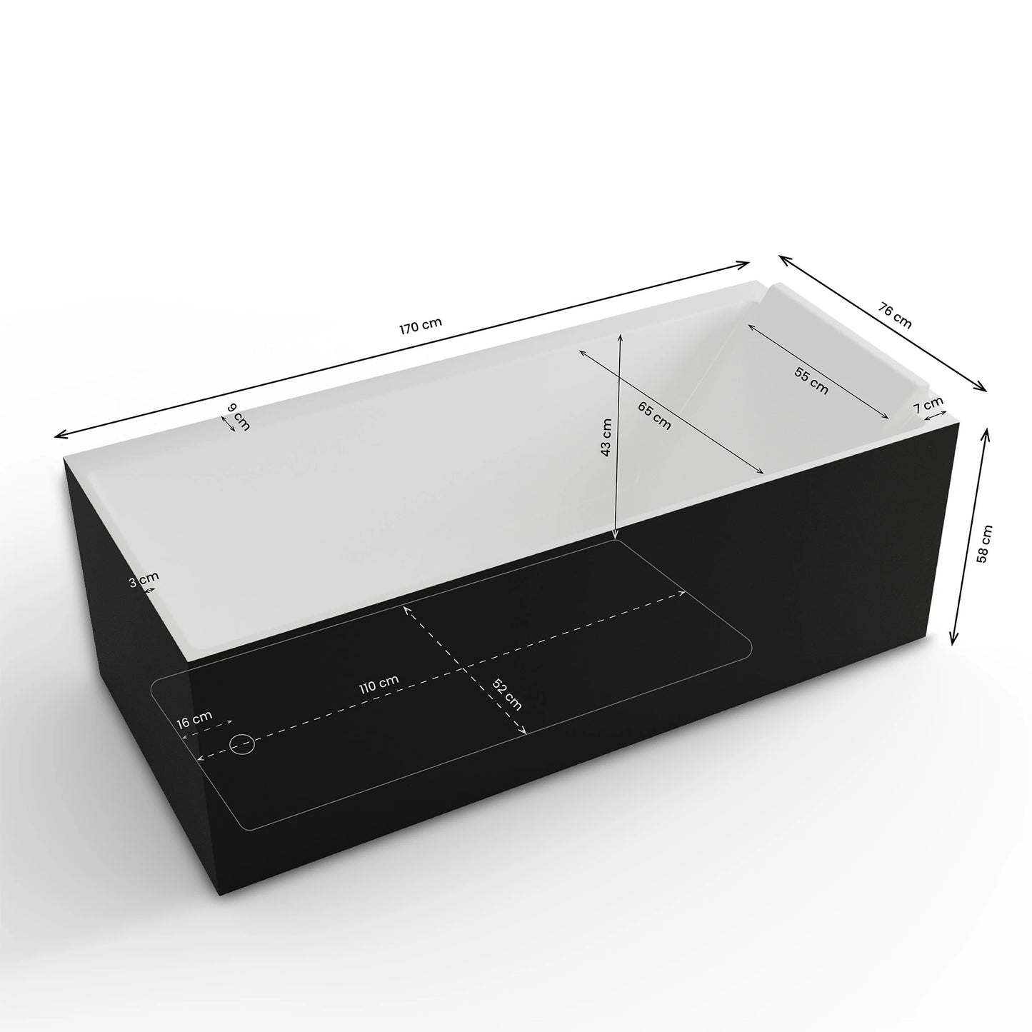 Baignoire semi-îlot murale d’angle Quantum 170 cm noire Spalina version droite – vue produit