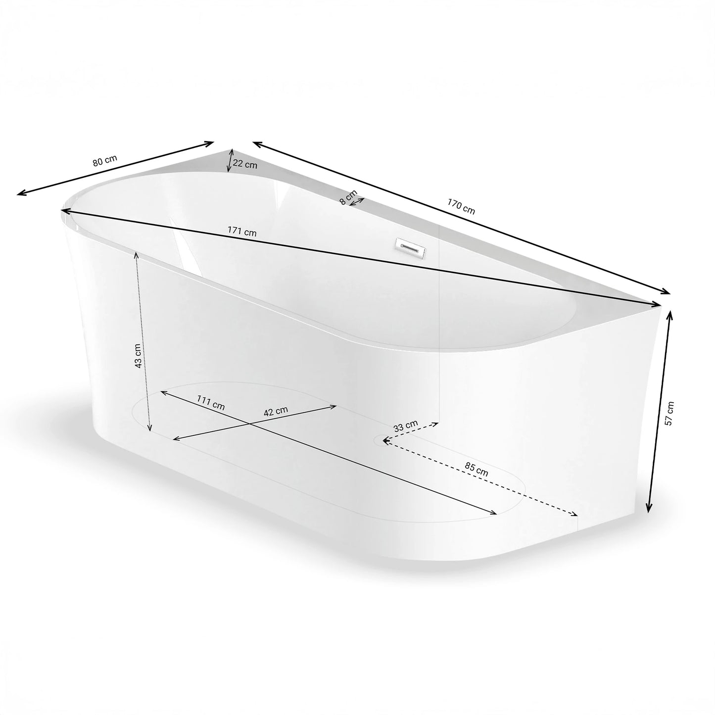 Baignoire semi-îlot murale Ruby 170 cm blanche Spalina – vue produit