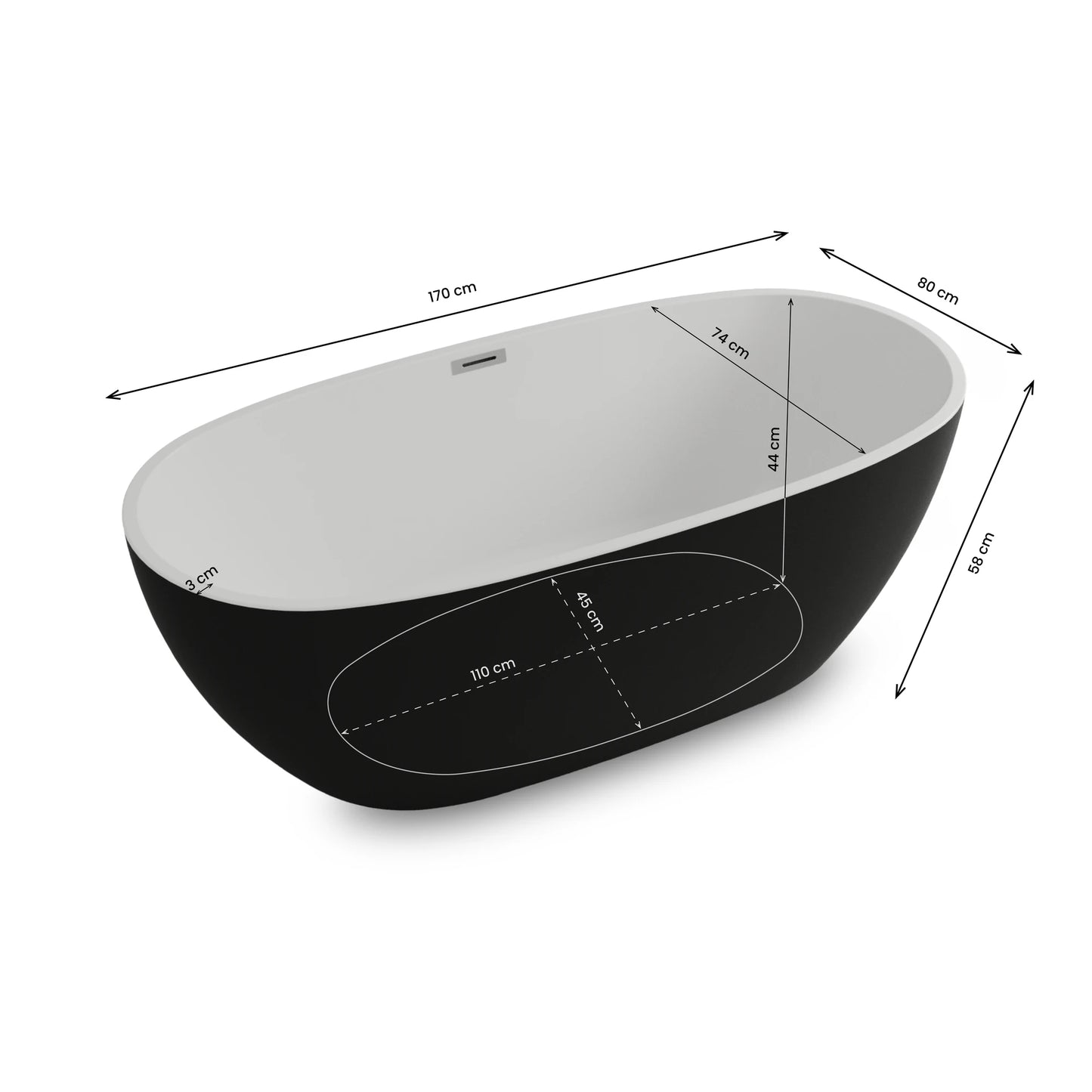 Baignoire îlot ovale Samba 170 cm noire Spalina – vue produit