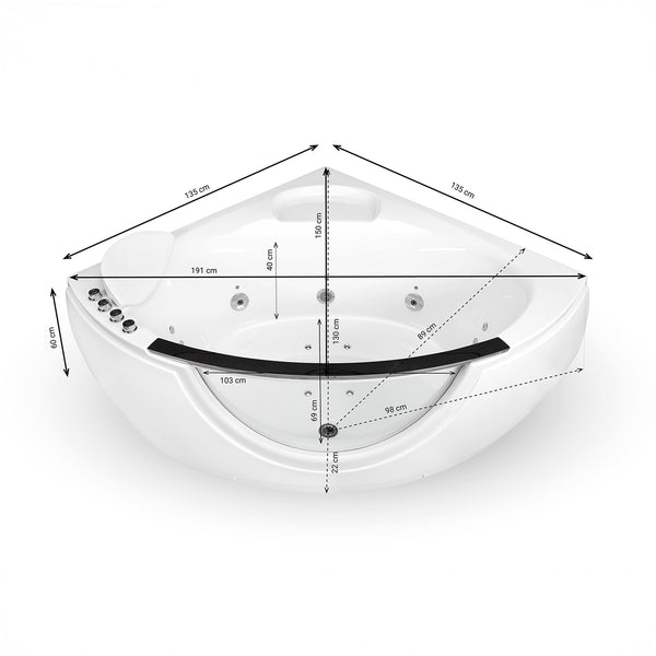 Baignoire balnéo d’angle avec hublot blanche 135 cm Samsara Wave / Corner whirlpool bath with porthole white 135 cm Samsara Wave / Bañera de hidromasaje esquinera con ojo de buey blanco 135 cm Samsara Wave / Vasca idromassaggio angolare con oblò bianco 135 cm Samsara Wave / Hoekwhirlpool met witte patrijspoort 135 cm Samsara Wave 
