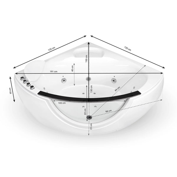 Baignoire balnéo semi-îlot d’angle asymétrique avec hublot Samsara Spalina – vue produit