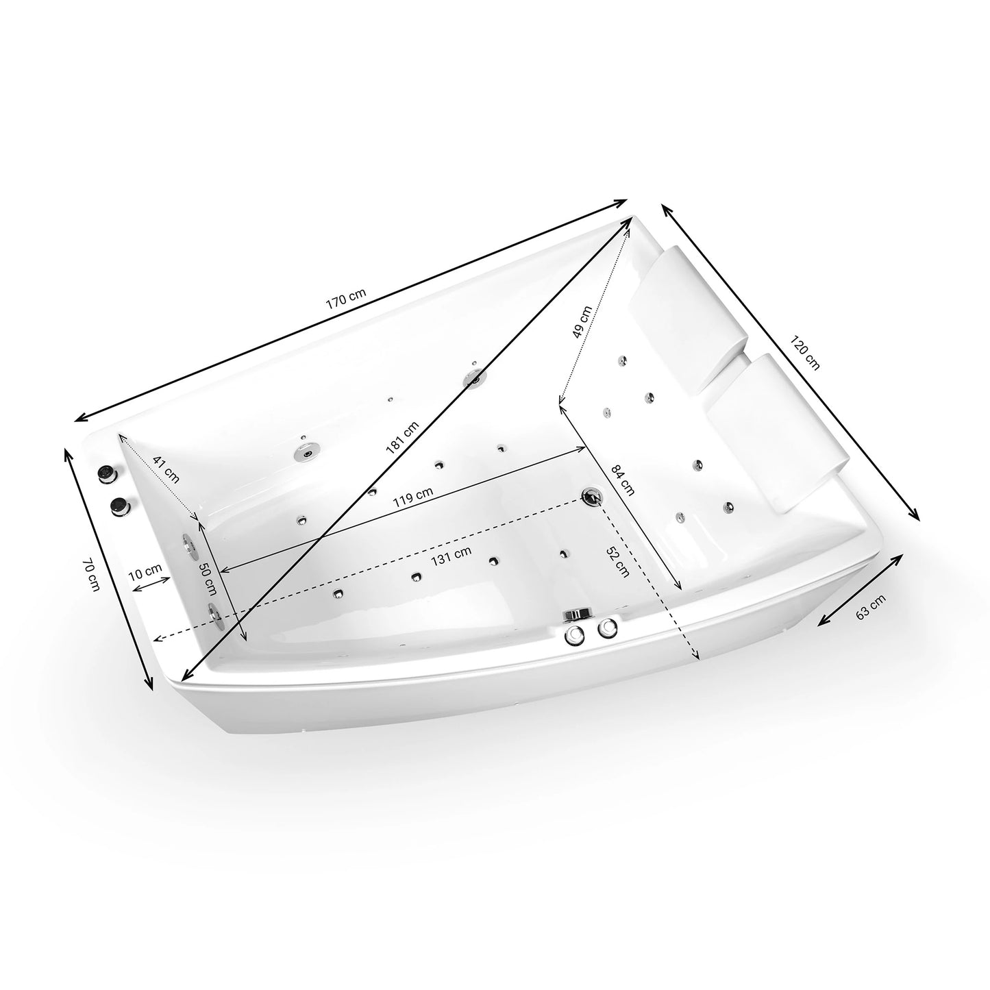 Baignoire balnéo semi-îlot murale d’angle asymétrique Sangha Spalina version droite – vue produit