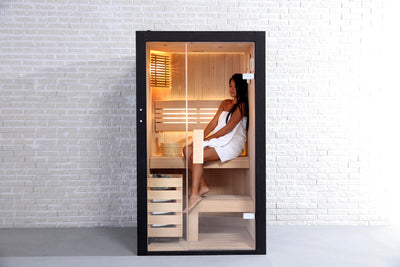 Sauna traditionnel de luxe 1 personne 115 cm The Cube / Traditional luxury sauna 1 person 115 cm The Cube / Sauna tradicional de lujo 1 persona 115 cm The Cube / Sauna tradizionale di lusso 1 persona 115 cm The Cube / Traditionele luxe sauna 1 persoon 115 cm The Cube