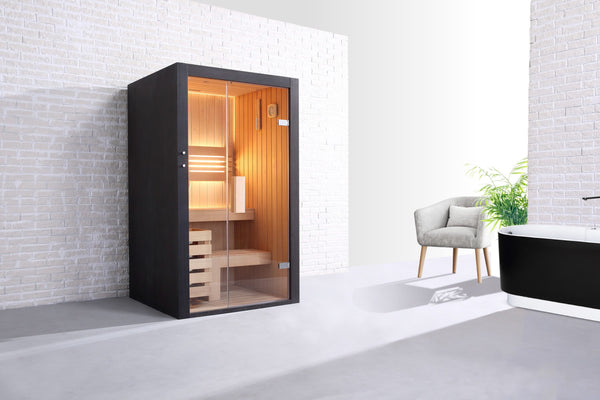 Sauna traditionnel de luxe 1 personne 115 cm The Cube / Traditional luxury sauna 1 person 115 cm The Cube / Sauna tradicional de lujo 1 persona 115 cm The Cube / Sauna tradizionale di lusso 1 persona 115 cm The Cube / Traditionele luxe sauna 1 persoon 115 cm The Cube