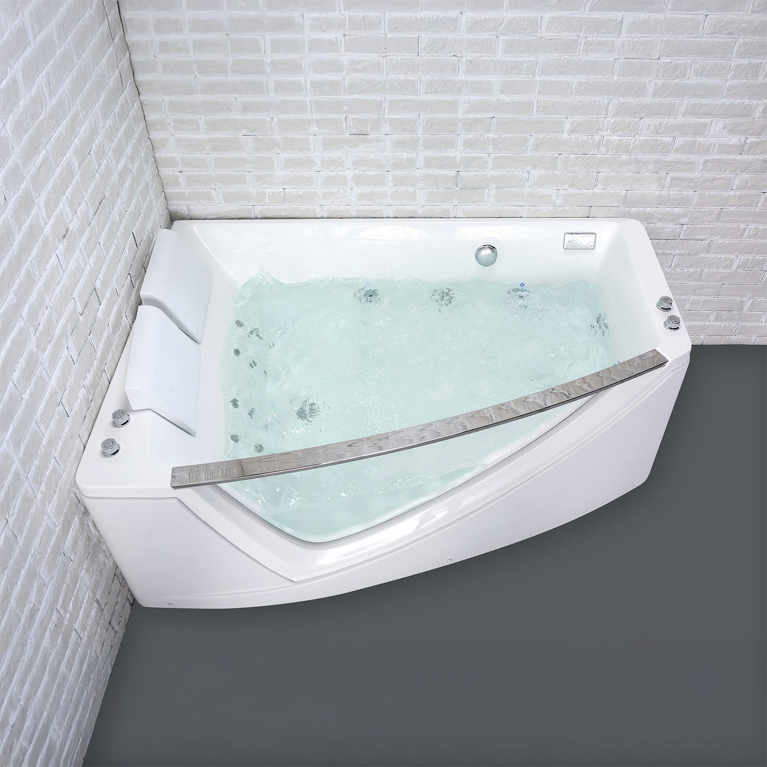 Vue principale de la baignoire balnéo d'angle Savana duo Wave gauche avec hublot