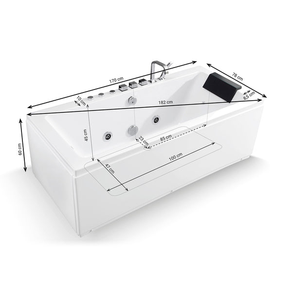Baignoire balnéo rectangulaire blanche avec coussin noir 170 cm Sikinos Jets / White rectangular whirlpool bath with black cushion 170 cm Sikinos Jets / Bañera de hidromasaje rectangular blanca con cojín negro 170 cm Sikinos Jets / Vasca idromassaggio rettangolare bianca con cuscino nero 170 cm Sikinos Jets / Wit rechthoekig bubbelbad met zwart kussen 170 cm Sikinos Jets