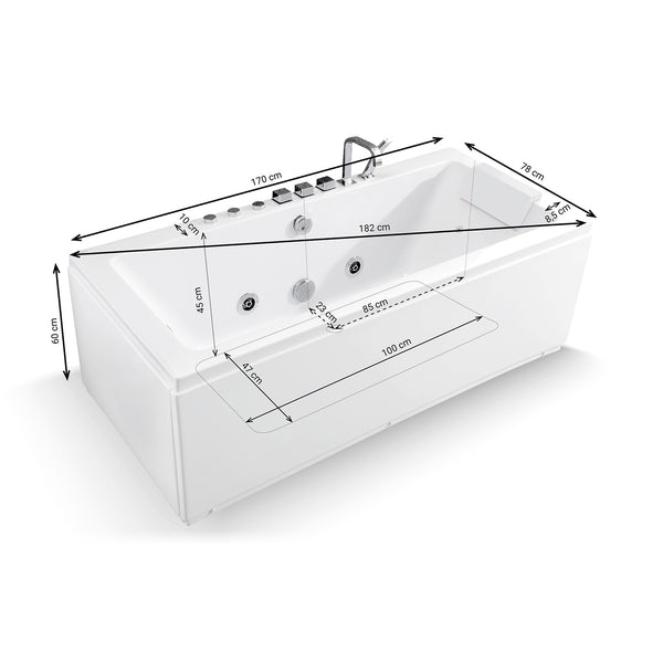 Baignoire balnéo rectangulaire blanche avec coussin blanc 170 cm Sikinos white Jets / White rectangular whirlpool bathtub with white cushion 170 cm Sikinos white Jets / Bañera de hidromasaje rectangular blanca con cojín blanco 170 cm Sikinos blanco Jets / Vasca idromassaggio rettangolare bianca con cuscino bianco 170 cm Sikinos white Jets / Rechthoekig wit bubbelbad met wit kussen 170 cm Sikinos wit Jets