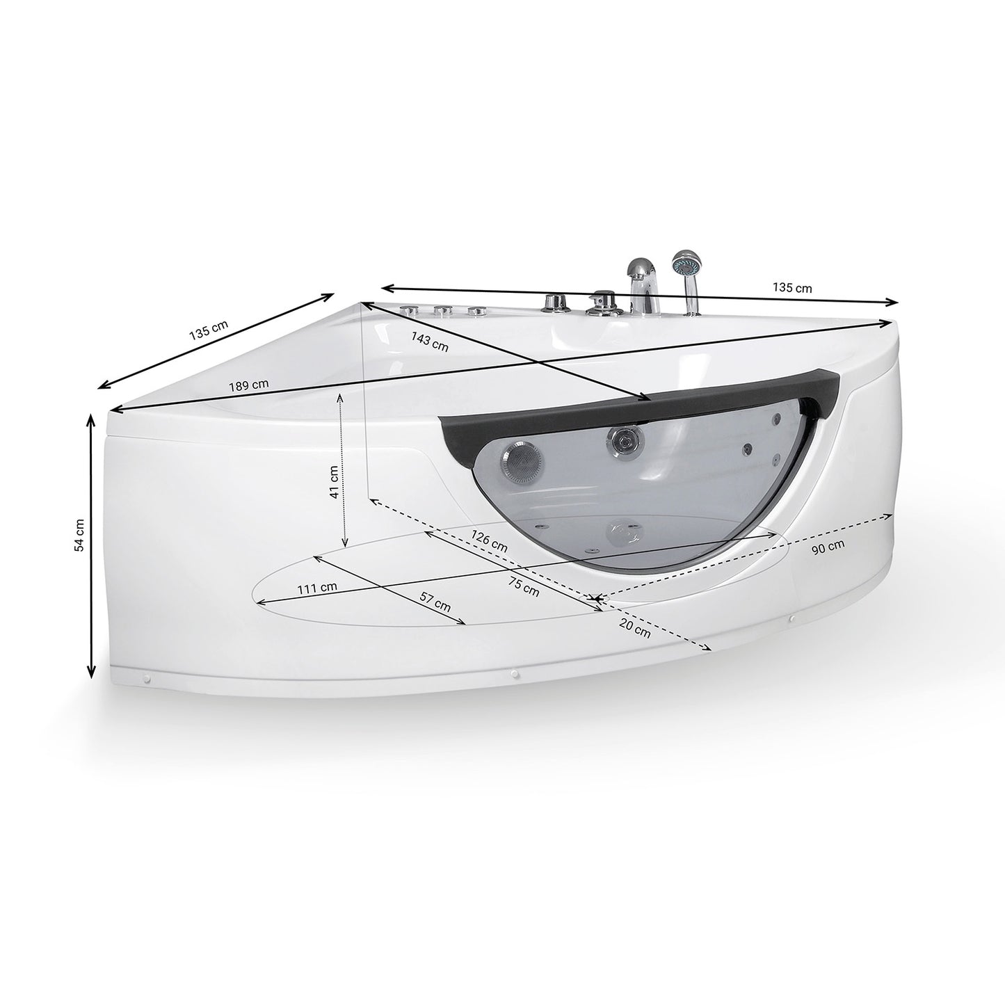Baignoire balnéo d’angle avec hublot noire et blanche 135 cm Tasmanie Jets / Glass-sided whirlpool bathtub black and white 135 cm Tasmanie Jets / Bañera de hidromasaje esquinera con ojo de buey blanco y negro 135 cm Tasmanie Jets / Vasca idrodromassaggio angolare con oblò bianco e nero 135 cm Tasmanie Jets / Bubbelbad met patrijspoort zwart en wit 135 cm Tasmanie Jets