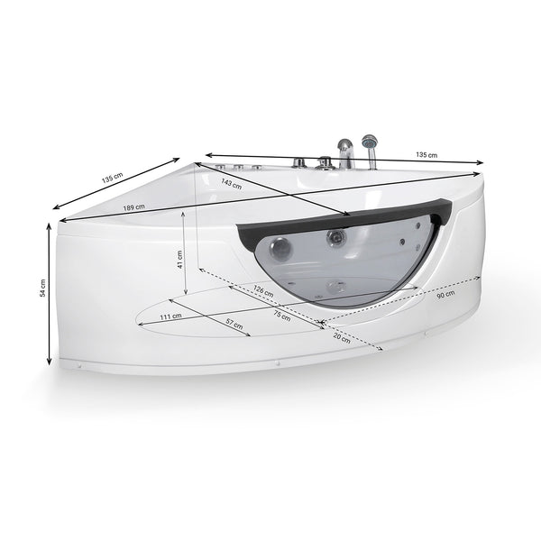 Baignoire balnéo d’angle avec hublot noire et blanche 135 cm Tasmanie Jets / Glass-sided whirlpool bathtub black and white 135 cm Tasmanie Jets / Bañera de hidromasaje esquinera con ojo de buey blanco y negro 135 cm Tasmanie Jets / Vasca idrodromassaggio angolare con oblò bianco e nero 135 cm Tasmanie Jets / Bubbelbad met patrijspoort zwart en wit 135 cm Tasmanie Jets