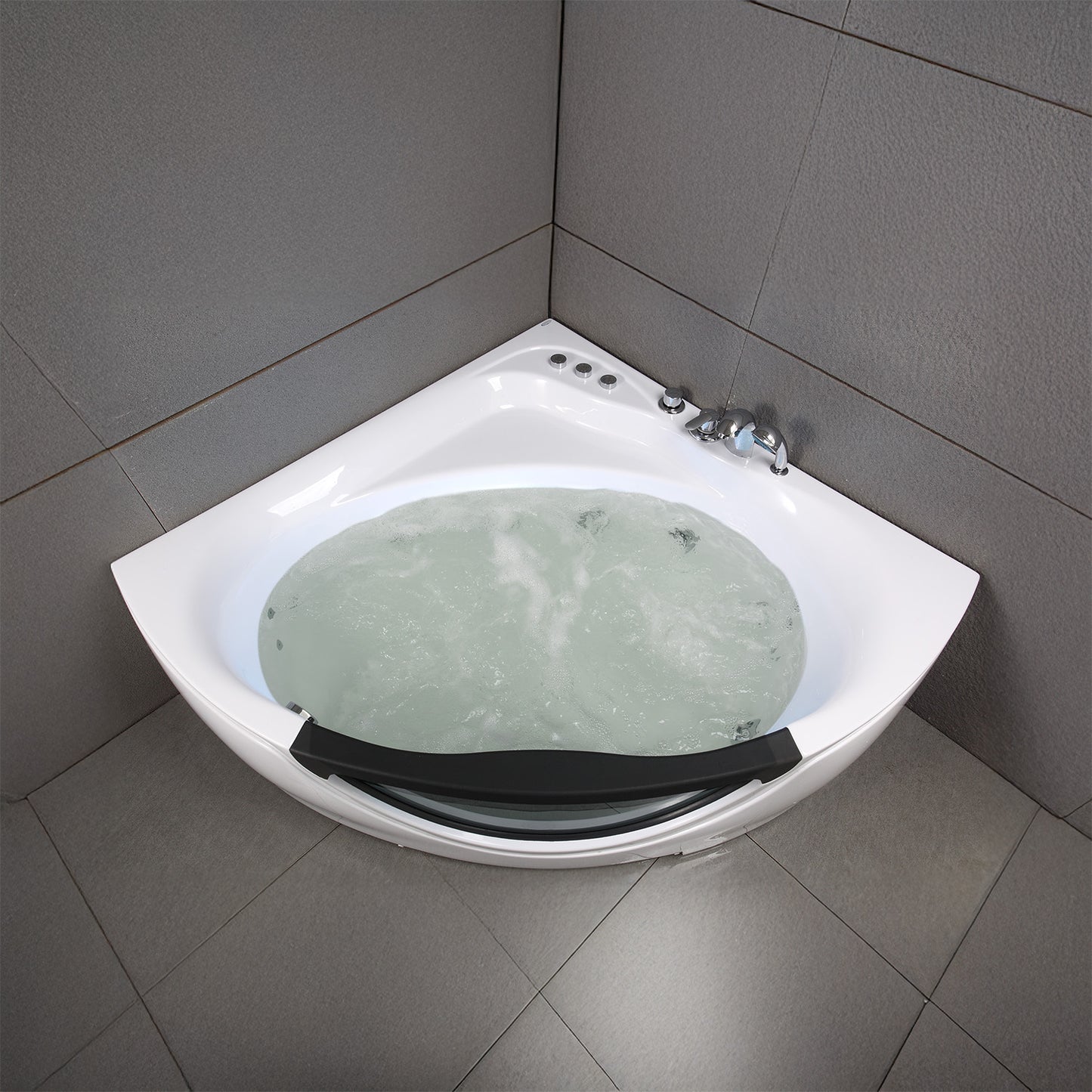 Baignoire balnéo d’angle avec hublot noire et blanche 135 cm Tasmanie Jets / Glass-sided whirlpool bathtub black and white 135 cm Tasmanie Jets / Bañera de hidromasaje esquinera con ojo de buey blanco y negro 135 cm Tasmanie Jets / Vasca idrodromassaggio angolare con oblò bianco e nero 135 cm Tasmanie Jets / Bubbelbad met patrijspoort zwart en wit 135 cm Tasmanie Jets