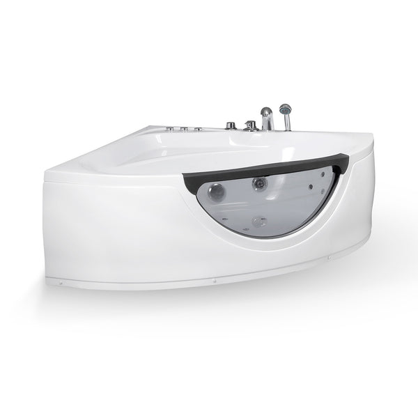 Baignoire balnéo d’angle avec hublot noire et blanche 135 cm Tasmanie Jets / Glass-sided whirlpool bathtub black and white 135 cm Tasmanie Jets / Bañera de hidromasaje esquinera con ojo de buey blanco y negro 135 cm Tasmanie Jets / Vasca idrodromassaggio angolare con oblò bianco e nero 135 cm Tasmanie Jets / Bubbelbad met patrijspoort zwart en wit 135 cm Tasmanie Jets