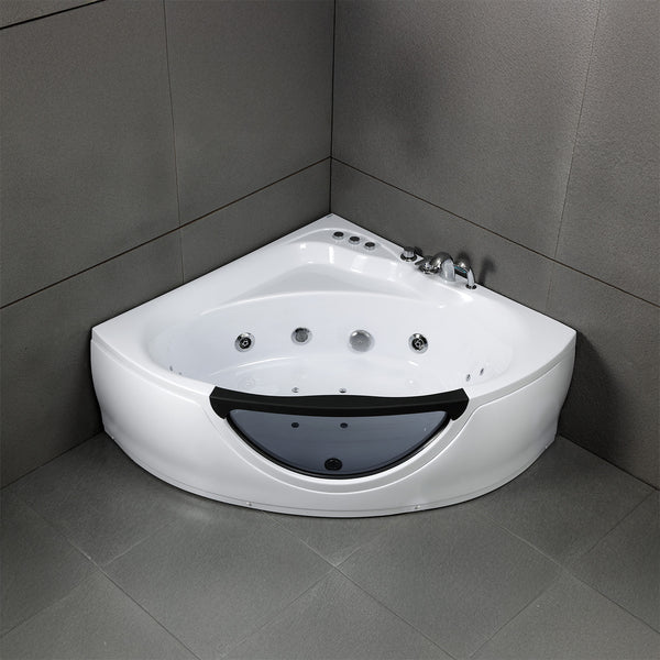 Baignoire balnéo d’angle avec hublot noire et blanche 135 cm Tasmanie Jets / Glass-sided whirlpool bathtub black and white 135 cm Tasmanie Jets / Bañera de hidromasaje esquinera con ojo de buey blanco y negro 135 cm Tasmanie Jets / Vasca idrodromassaggio angolare con oblò bianco e nero 135 cm Tasmanie Jets / Bubbelbad met patrijspoort zwart en wit 135 cm Tasmanie Jets