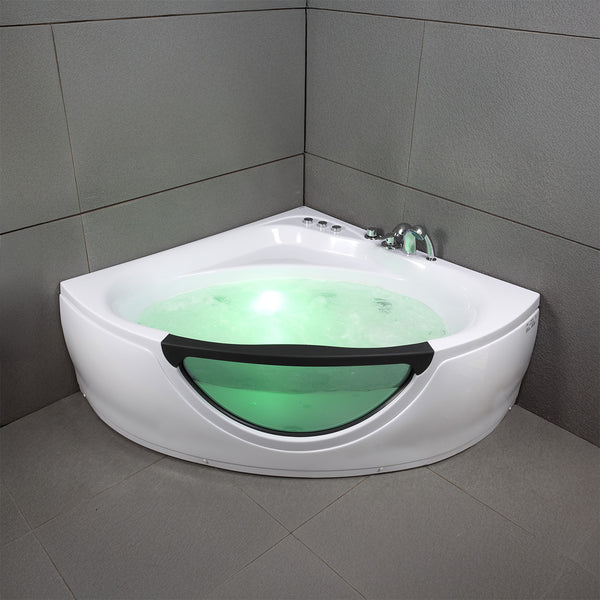 Baignoire balnéo d’angle avec hublot noire et blanche 135 cm Tasmanie Jets / Glass-sided whirlpool bathtub black and white 135 cm Tasmanie Jets / Bañera de hidromasaje esquinera con ojo de buey blanco y negro 135 cm Tasmanie Jets / Vasca idrodromassaggio angolare con oblò bianco e nero 135 cm Tasmanie Jets / Bubbelbad met patrijspoort zwart en wit 135 cm Tasmanie Jets