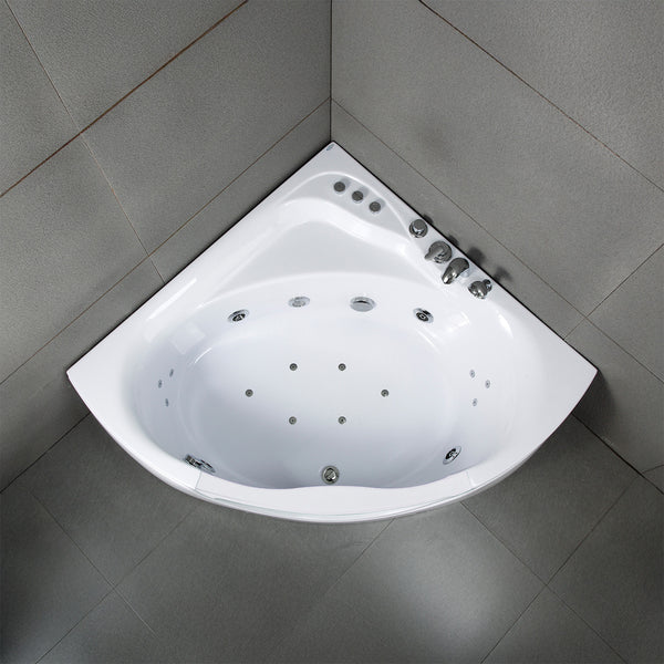 Baignoire balnéo d’angle avec hublot blanche 135 cm Tasmanie white Jets / Glass-sided whirlpool bathtub white 135 cm Tasmanie white Jets / Bañera de hidromasaje esquinera con ojo de buey blanco 135 cm Tasmanie white Jets / Vasca idrodromassaggio angolare con oblò bianco 135 cm Tasmanie white Jets / Bubbelbad met patrijspoort wit 135 cm Tasmanie white Jets