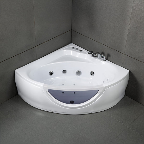 Baignoire balnéo d’angle avec hublot blanche 135 cm Tasmanie white Jets / Glass-sided whirlpool bathtub white 135 cm Tasmanie white Jets / Bañera de hidromasaje esquinera con ojo de buey blanco 135 cm Tasmanie white Jets / Vasca idrodromassaggio angolare con oblò bianco 135 cm Tasmanie white Jets / Bubbelbad met patrijspoort wit 135 cm Tasmanie white Jets