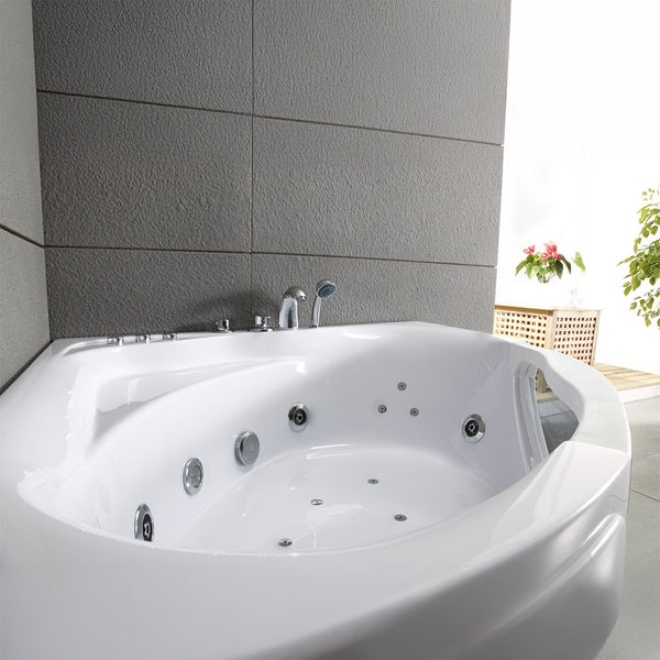 Baignoire balnéo d’angle avec hublot blanche 135 cm Tasmanie white Jets / Glass-sided whirlpool bathtub white 135 cm Tasmanie white Jets / Bañera de hidromasaje esquinera con ojo de buey blanco 135 cm Tasmanie white Jets / Vasca idrodromassaggio angolare con oblò bianco 135 cm Tasmanie white Jets / Bubbelbad met patrijspoort wit 135 cm Tasmanie white Jets